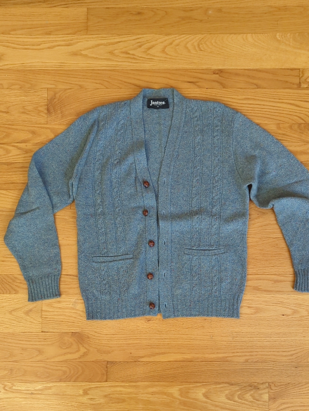 Jantzen Men's Teal Knit Shawl-Collar Cardigan with Brown Buttons